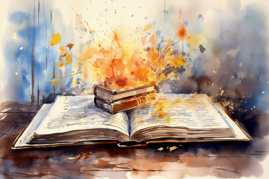 Open book on table in watercolor painting style. AI generative