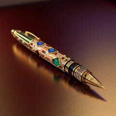 a gold-plated and precious-studded modern style pen on a desk, hyper realistic, hyper detailed, photographic, sharp colors, 8k. AI generated, human created.