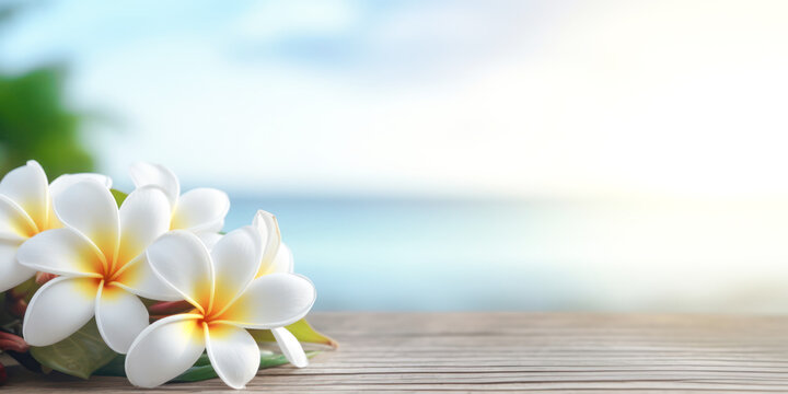 A wooden table with white frangipani flowers on the left and copy space on the right. Banner with negative space on the theme of vacation, spa, yoga and wellness.