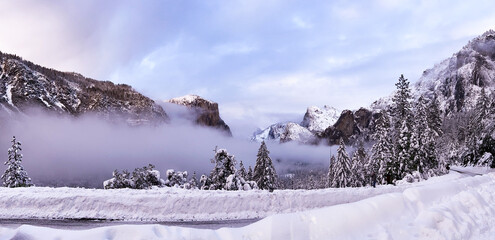 Snow Covered Misty Yosemite Valley View at Twilight  from Snowy Road, California | Purple Mountains Majesty