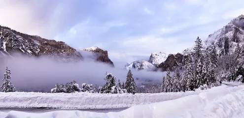 Foto op Aluminium Snow Covered Misty Yosemite Valley View at Twilight  from Snowy Road, California   Purple Mountains Majesty © Elaina