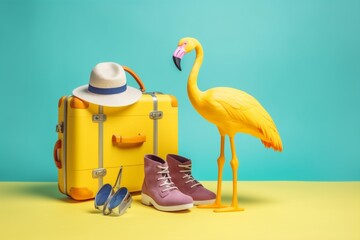 vacation sunglasses yellow background travel suitcase blue summer flamingo concept sun. Generative AI.