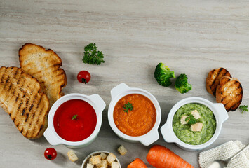 Broccoli, Carrot, and Tomato Soup. Soup Assortment.