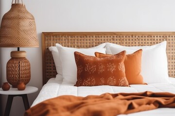 bedchamber interior pillow orange design lamp modern decor bed home fall. Generative AI.