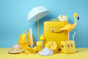 suitcase concept vacation flip flamingo flop blue summer background travel sunglasses yellow. Generative AI.
