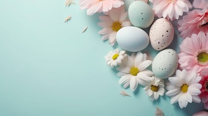 Fototapeta na wymiar Beautiful happy easter day background with nest ornaments, eggs and flowers