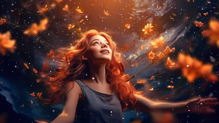 A beautiful woman looking up at the sky where her problems are solved and she finds hope and happiness. Generative AI.