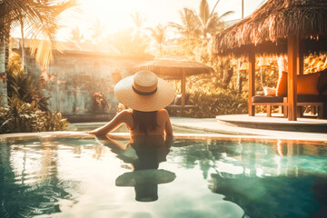Beautiful woman on vacation in pool at luxury spa hotel in Bali. Generative AI.