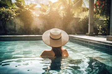 Beautiful woman on vacation in pool at luxury spa hotel in Bali.