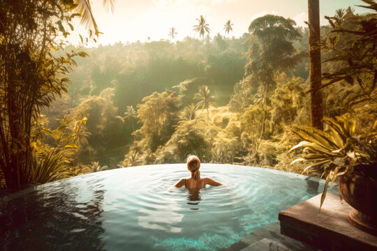 Woman on vacation in pool at luxury spa in Bali. Generative AI.