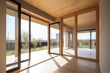interior modern empty floor design window room white wood light wall. Generative AI.