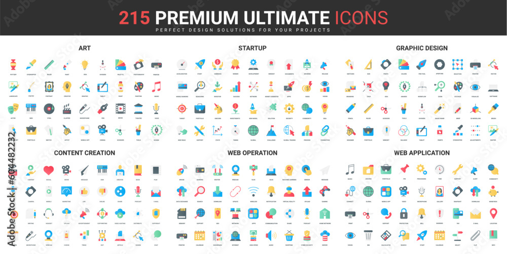 Aufkleber Art creation and startup, entertainment color flat icons set vector illustration. Abstract symbols and tools of creative designer, services for work and hobby simple design for mobile and web apps