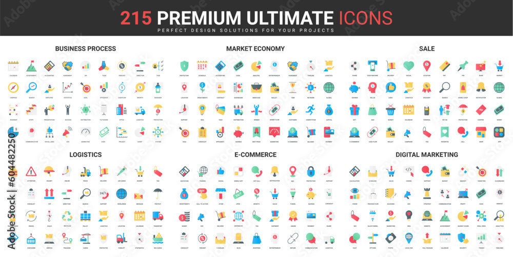 Poster business processes for company development color flat icons set vector illustration. abstract symbol