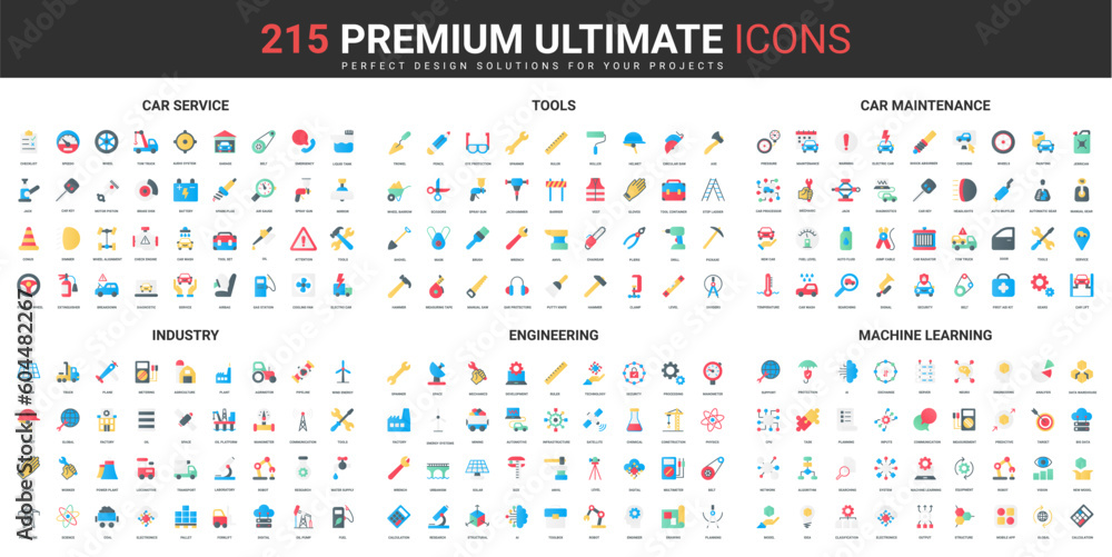 Aufkleber industry color flat icons set vector illustration. abstract symbols of tools and equipment for engin