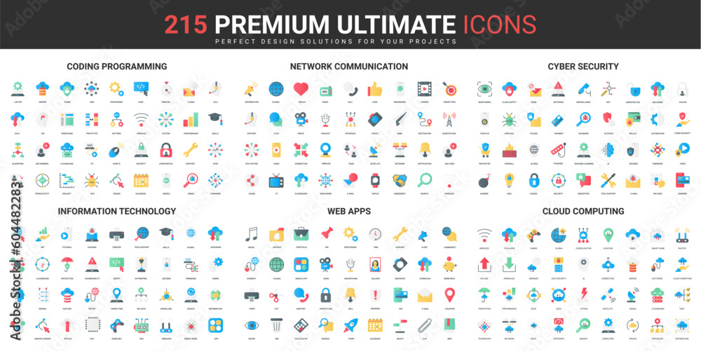 Aufkleber Network communication, cyber security color flat icons set vector illustration. Abstract symbols of programming and information technology, cloud computing simple design for mobile and web apps