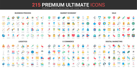 Business processes for company development color flat icons set vector illustration. Abstract symbols of market economy, digital marketing for sales, logistics simple design for mobile and web apps