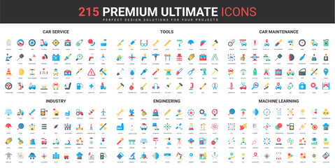 Industry color flat icons set vector illustration. Abstract symbols of tools and equipment for engineering and car maintenance service, machine learning simple design for mobile and web apps