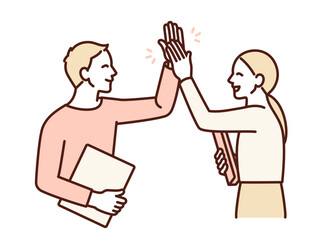 仲間同士でハイタッチ。仕事の成果をチームで喜ぶ。ビジネスパーソンのイラスト素材。