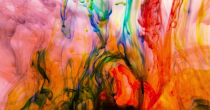Colorful painted ink on water background. Abstract design of colour painted. Color splash paint mixing. Multicolored liquid dye. Color paint drops in water.