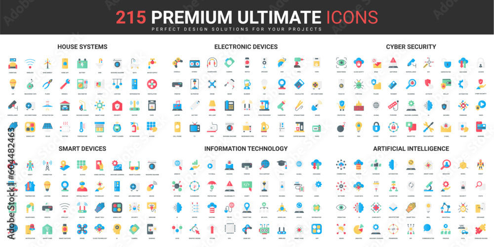 Aufkleber smart home systems and devices, ai information technology color flat icons set vector illustration. 