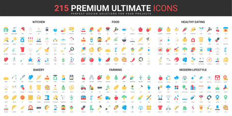 Healthy eating, modern lifestyle, kitchen and bakery equipment color flat icons set vector illustration. Abstract symbols of agriculture farming, organic food simple design for mobile and web apps