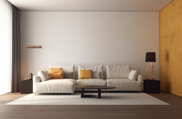 Interior mockup with clean white wall luxury sofa and black table. AI generation 