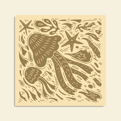 Linocut jellyfish doodle hand drawn