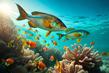 Obraz na płótnie Canvas A school of colorful fish swimming around a coral reef