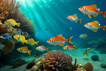 A school of colorful fish swimming around a coral reef