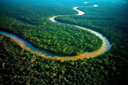 Aerial view of a jungle landscape with a river. Created with Generative AI technology