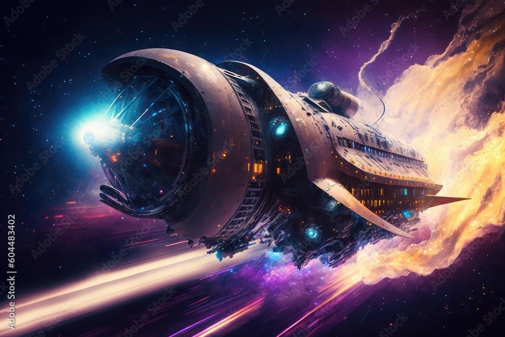 Poster gigantic spaceship travel into a quantum world. distinct generative ai image.