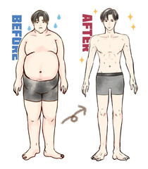 ダイエットした男性のビフォーアフター　全身イラスト