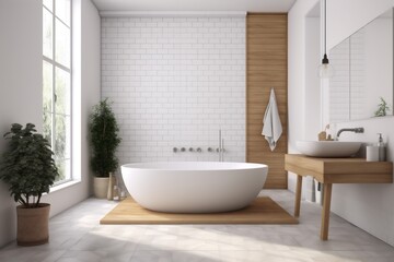 Naklejka na ściany i meble white interior home luxury modern bathtub illustration wood house architecture bathroom. Generative AI.