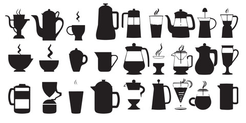 A collection of coffee-related items including a coffee pot, and a mug silhouette vector