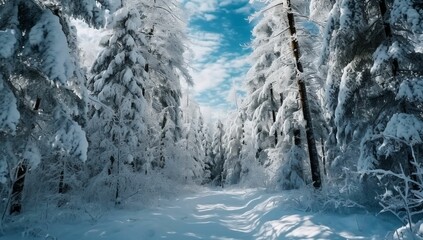 Fototapeta na wymiar Winter in a spruce forest, spruces covered with white fluffy snow. Selective focus generative ai variation 1
