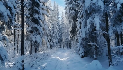 Obraz premium Winter in a spruce forest, spruces covered with white fluffy snow. Selective focus generative ai variation 5