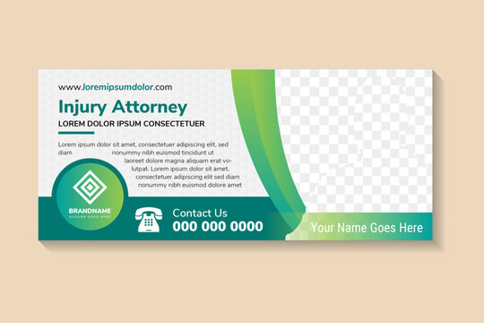 Law, justice and prosecution horizontal banners vector illustration. the headline is Injury attorney. horizontal layout with triangle pattern in grey. space for photo. green gradient colors element.