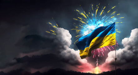 Independence Day. Ukrainian flag. fireworks. Banner. Place for text. Generative AI