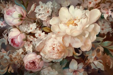 watercolor leaf peony flower design seamless delicate wallpaper background illustration foliage. Generative AI.
