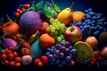Obraz na płótnie Canvas Fruits and vegetables presented on a blue background
