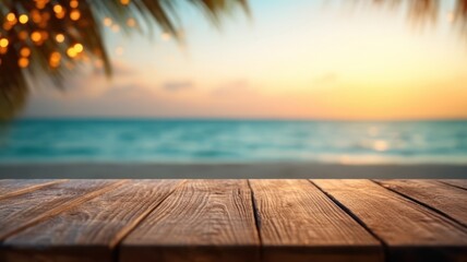 Fototapeta na wymiar wood table with blur bokeh light sea and sky at beach Summer the hottest season Generative AI