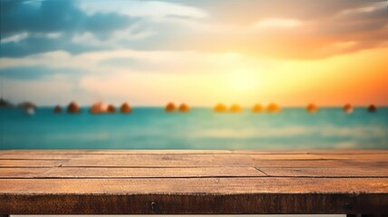 Obraz na płótnie Canvas wood table with blur bokeh light sea and sky at beach Summer the hottest season Generative AI