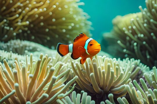 A colorful clownfish swimming among the anemones