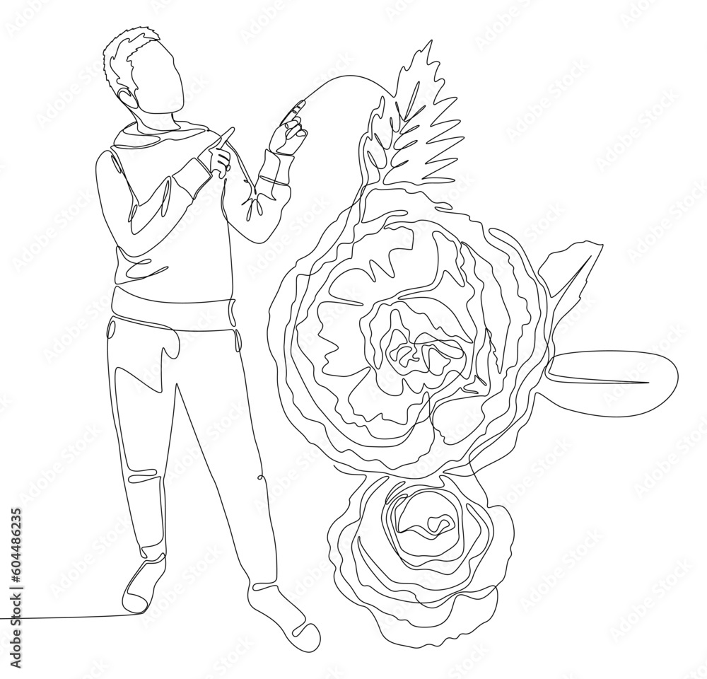 Poster one continuous line of man pointing with finger at rose. thin line illustration vector concept. cont