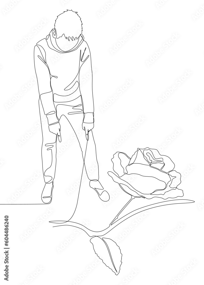 Poster one continuous line of man pointing with finger at rose. thin line illustration vector concept. cont