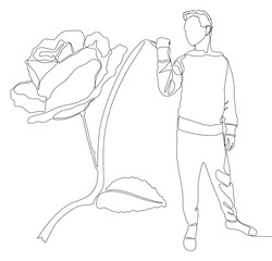 One continuous line of Man pointing with finger at rose. Thin Line Illustration vector concept. Contour Drawing Creative ideas.