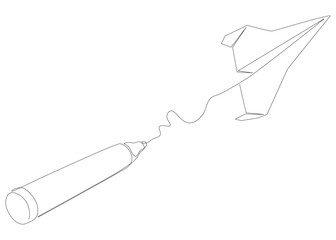 One continuous line of Paper Airplane drawn by with felt tip pen. Thin Line Illustration vector concept. Contour Drawing Creative ideas.
