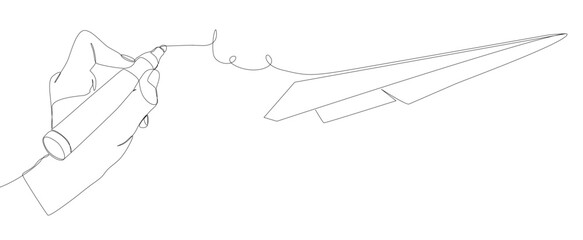One continuous line of Paper Airplane drawn by with felt tip pen. Thin Line Illustration vector concept. Contour Drawing Creative ideas.