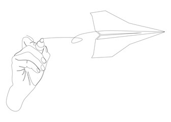 One continuous line of Paper Airplane drawn by with felt tip pen. Thin Line Illustration vector concept. Contour Drawing Creative ideas.