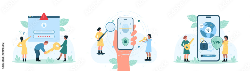 Poster online security set vector illustration. cartoon tiny people with magnifying glass use fingerprint i